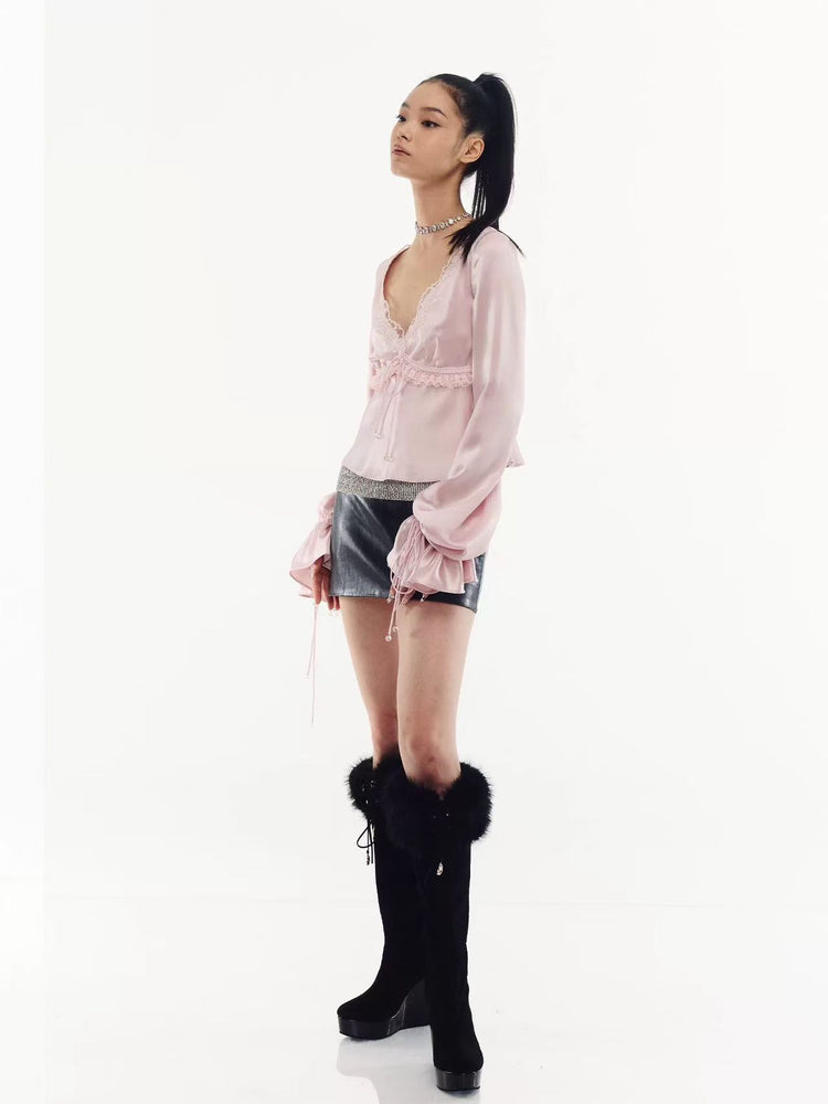 Rhinestone Chain–Embellished Faux Leather Skirt