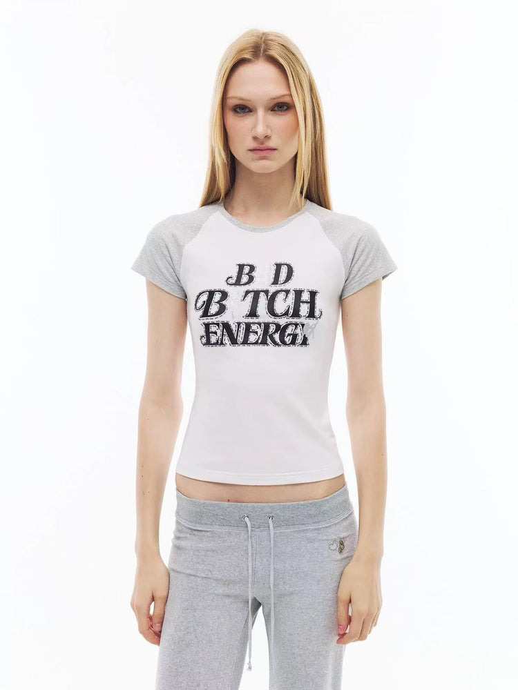 Rhinestone-Embellished Printed Raglan Top