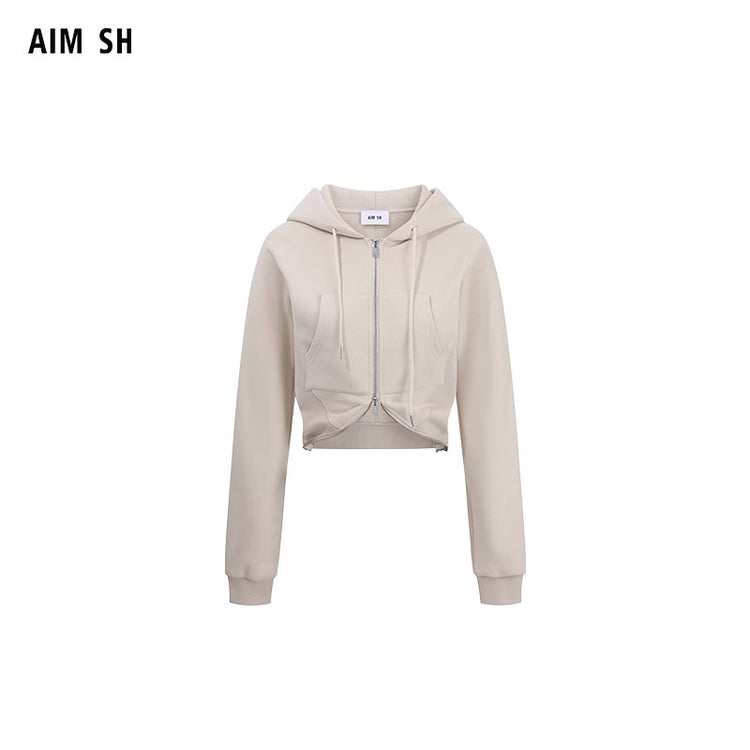 Waist-Cinching Double-Zipper Hooded Sweatshirt
