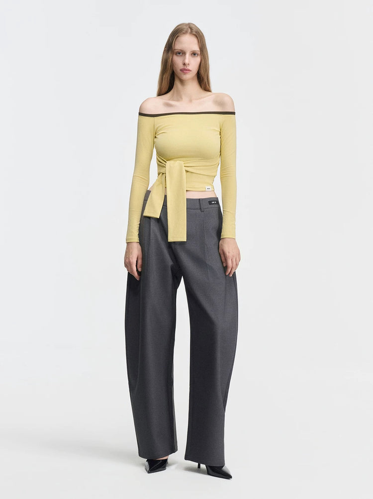 Contrast-Color Off-Shoulder Knotted Waist Fitted Top