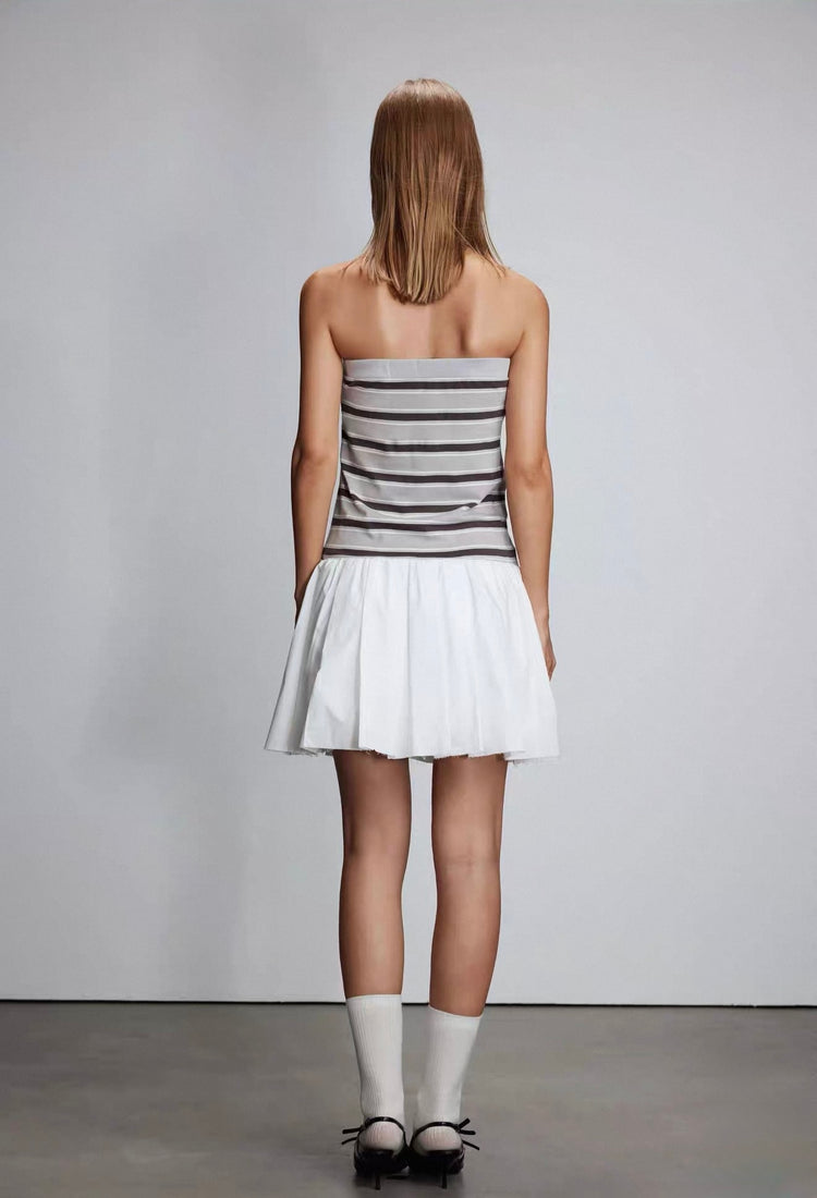 Knitted Patchwork Strapless Striped Pleated Dress