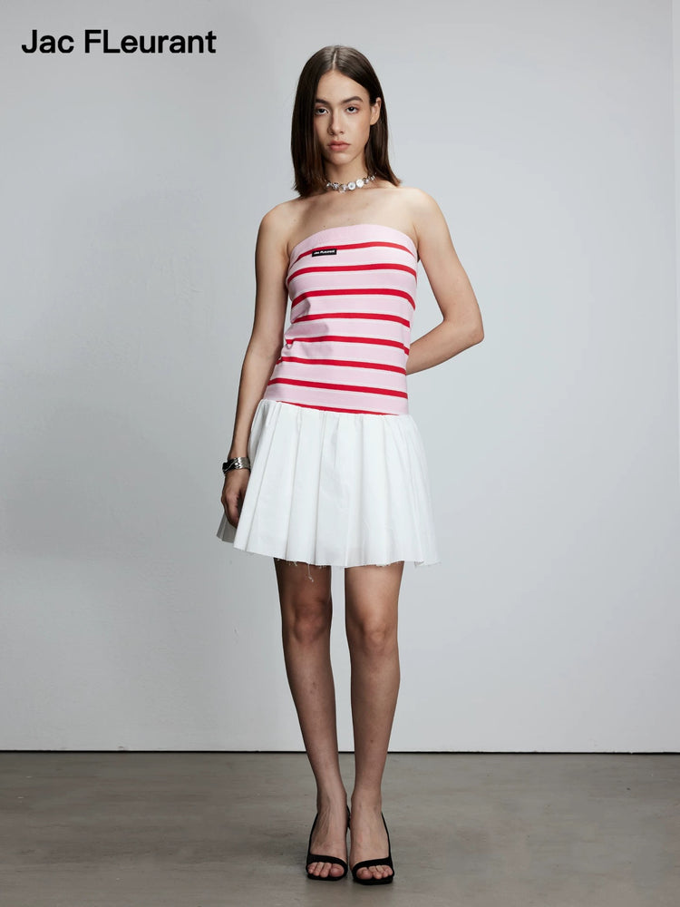 Knitted Patchwork Strapless Striped Pleated Dress