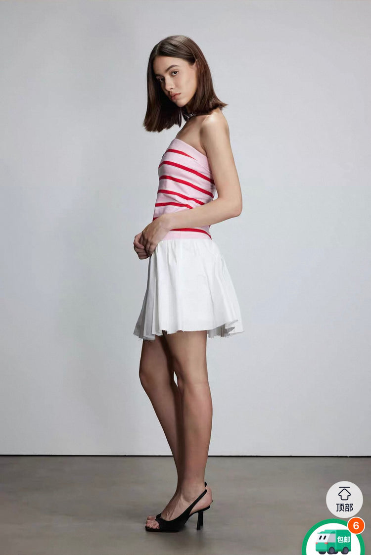 Knitted Patchwork Strapless Striped Pleated Dress