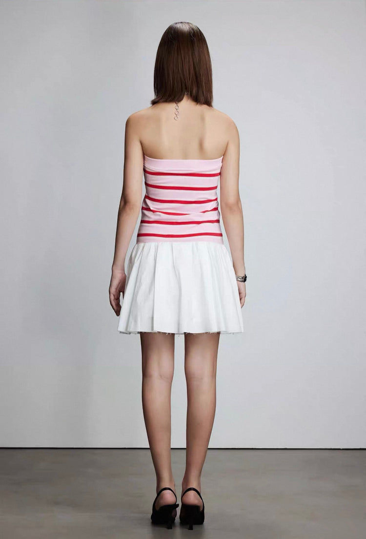 Knitted Patchwork Strapless Striped Pleated Dress