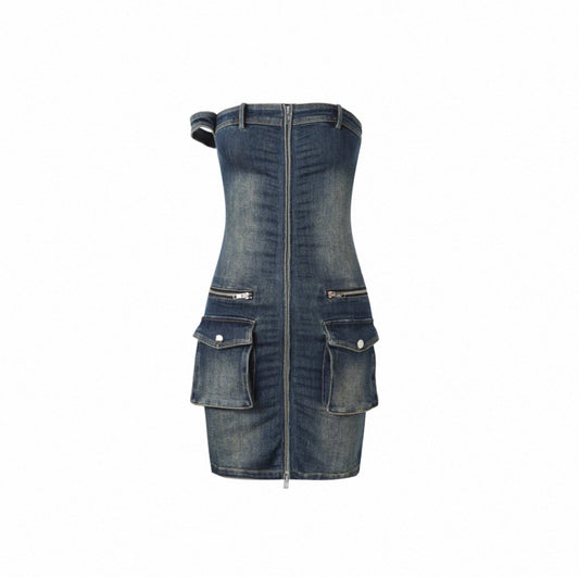 Vintage Washed Denim Strapless Dress