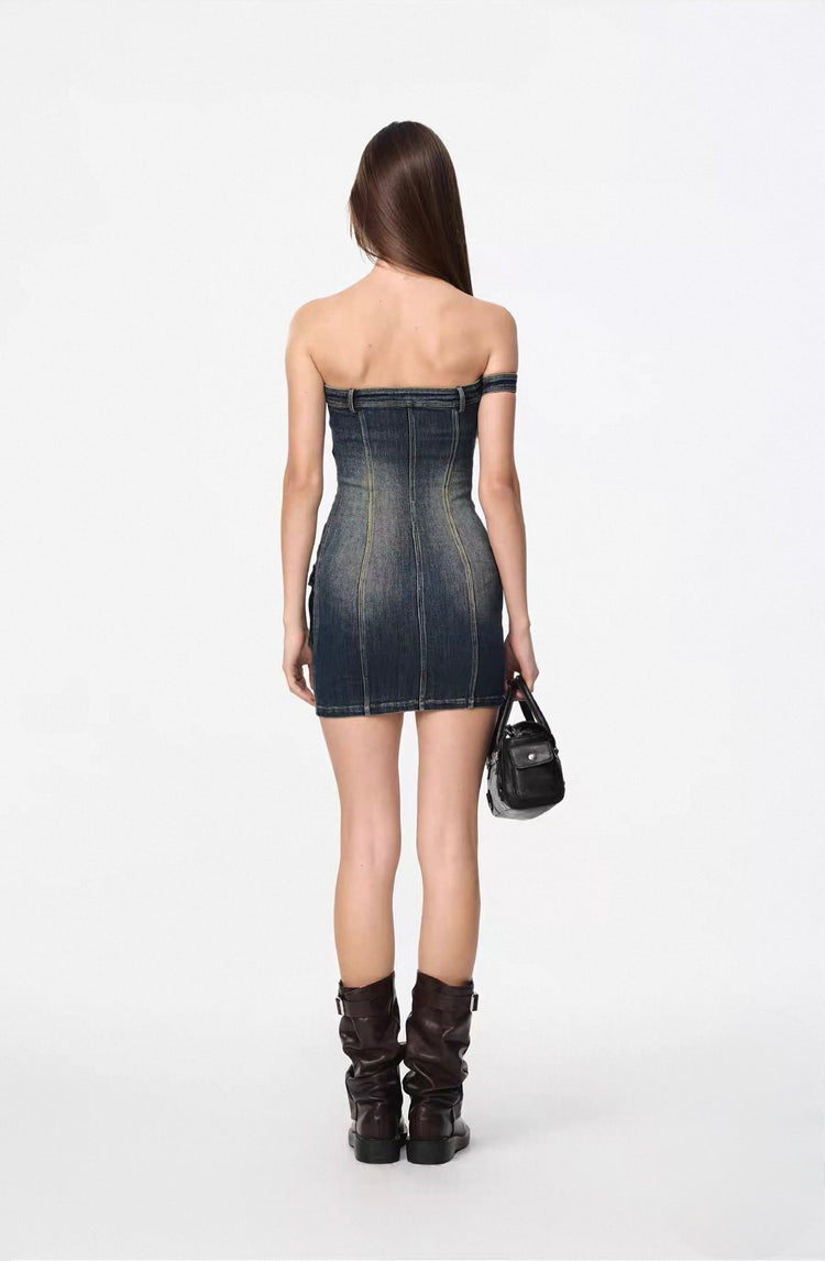 Vintage Washed Denim Strapless Dress