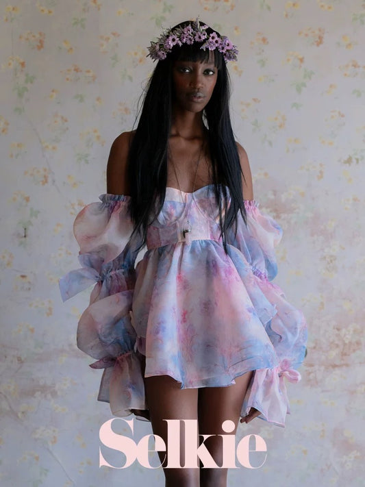 Sunset Rose Lotus-root Sleeve Mini Dress