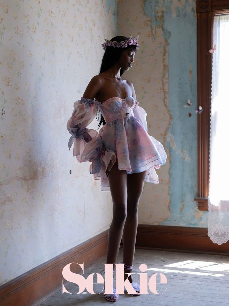 Sunset Rose Lotus-root Sleeve Mini Dress