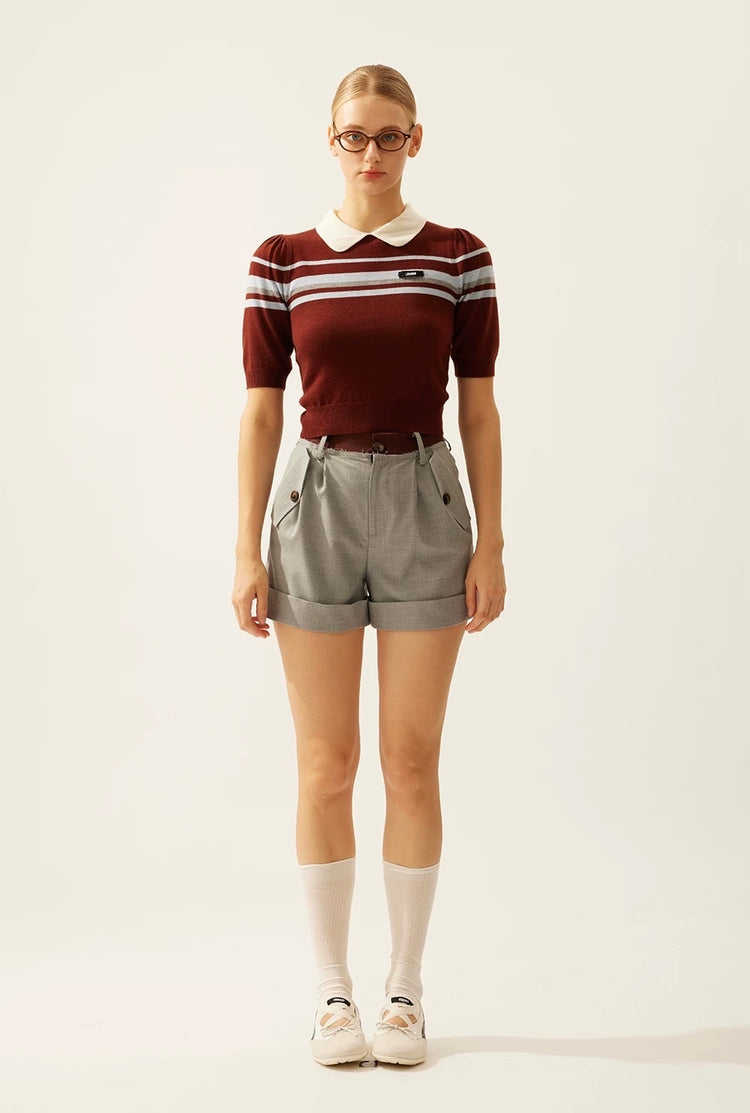 Doll-collar Striped Knit Short-sleeve Top