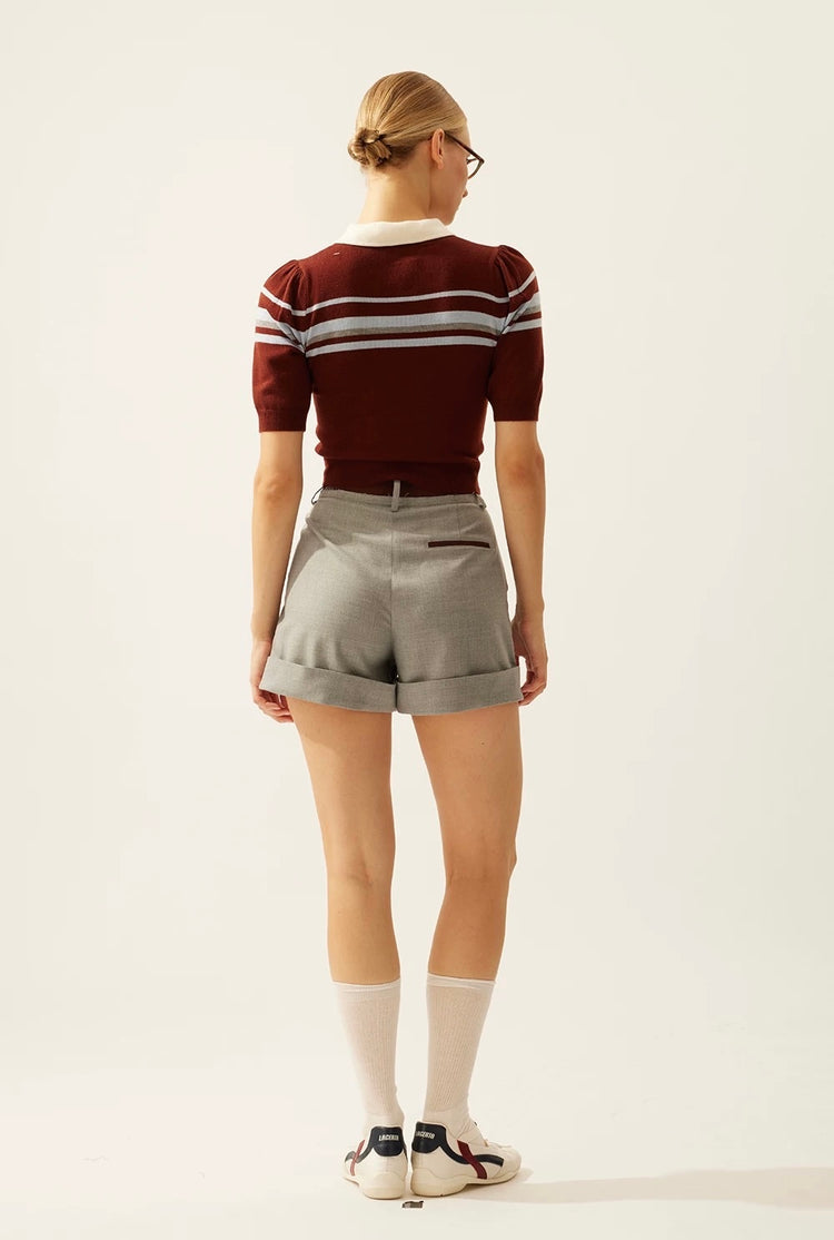 Doll-collar Striped Knit Short-sleeve Top