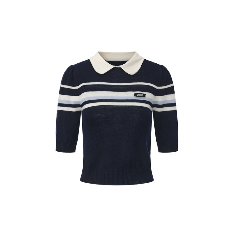 Doll-collar Striped Knit Short-sleeve Top