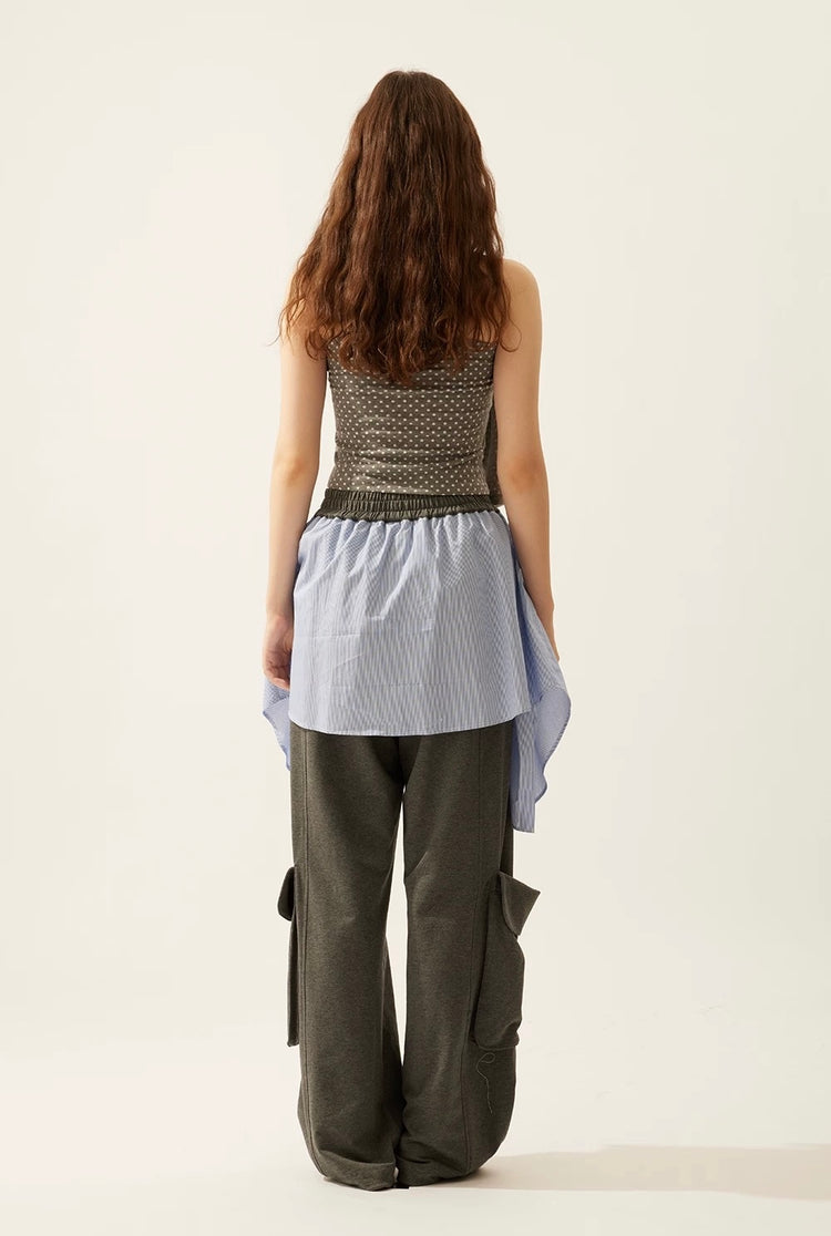 Patchwork Shirt-Layered Utility Wide-Leg Pants