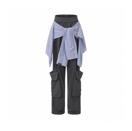 Patchwork Shirt-Layered Utility Wide-Leg Pants