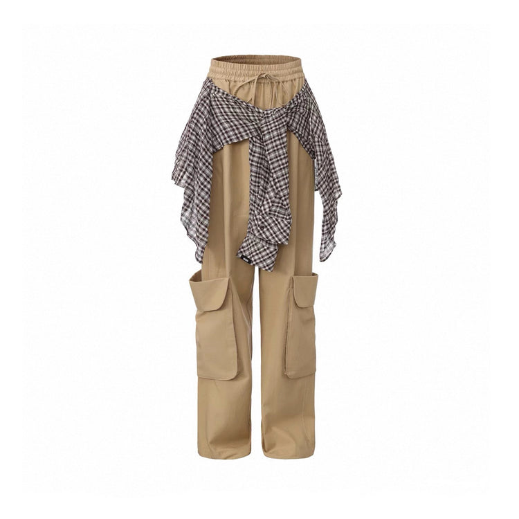 Patchwork Shirt-Layered Utility Wide-Leg Pants