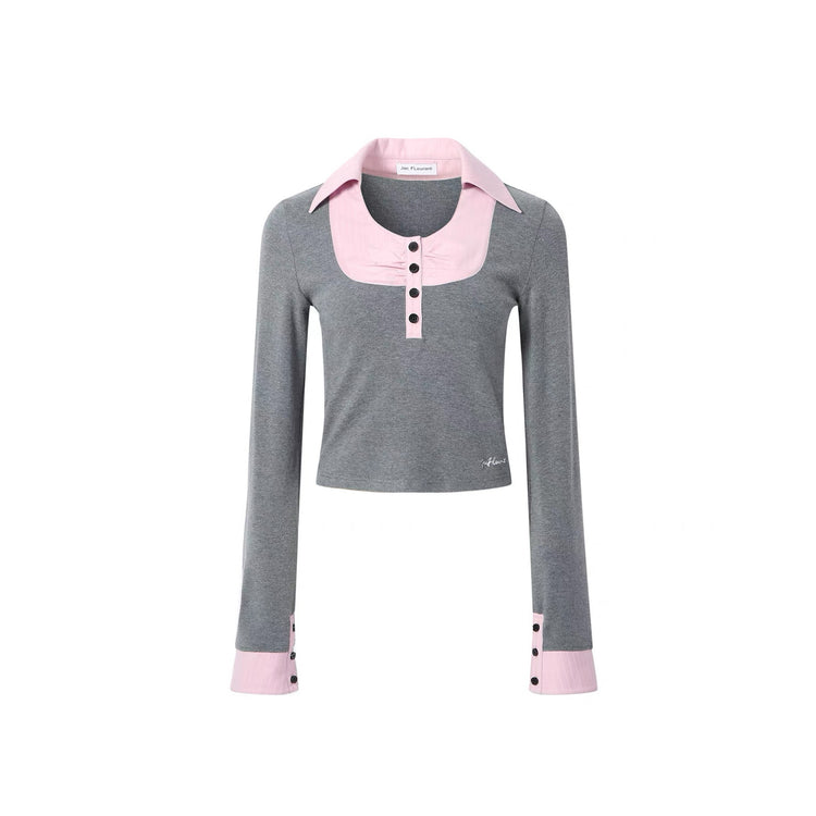 Square-Neck Knit Patchwork Shirt T-Shirt