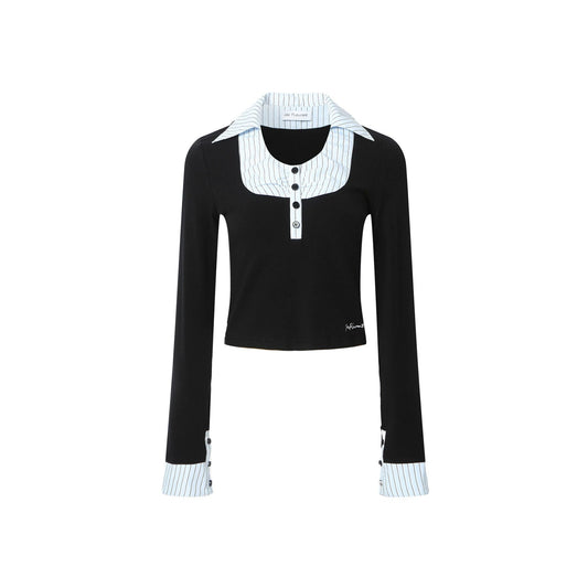 Square-Neck Knit Patchwork Shirt T-Shirt