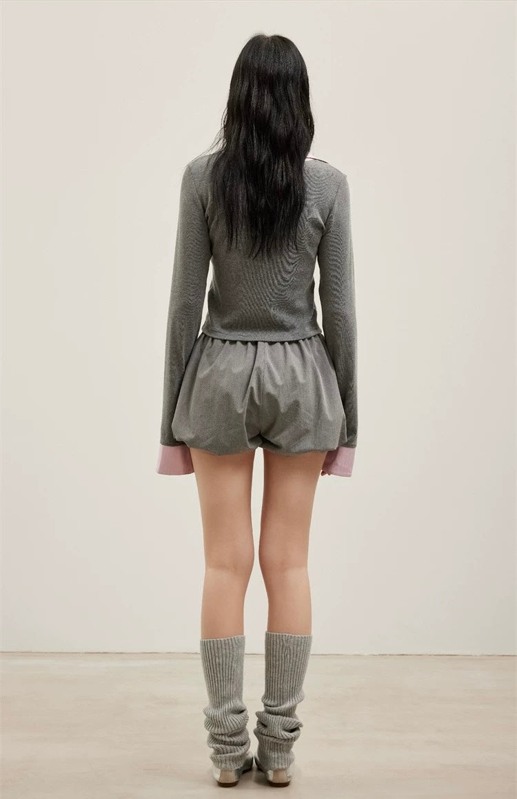 Square-Neck Knit Patchwork Shirt T-Shirt