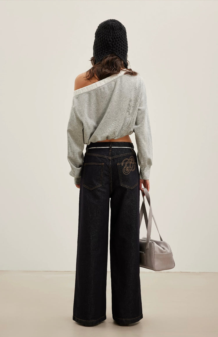 Elastic Off-Shoulder Logo Cropped Sweatshirt