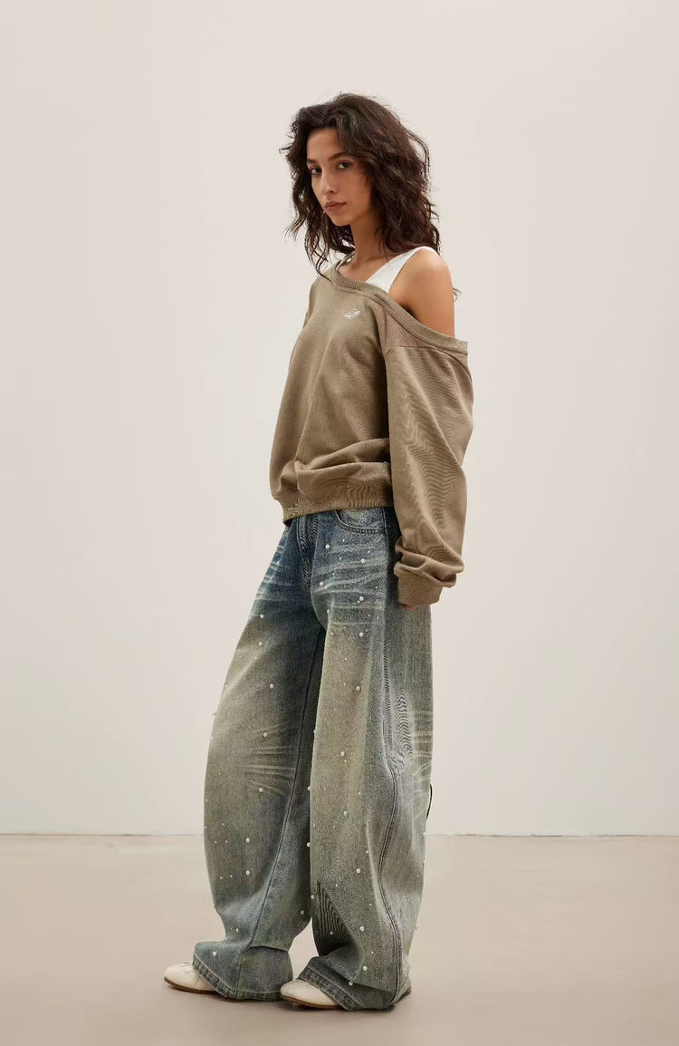 Tank-Style Patchwork Off-Shoulder Sweatshirt