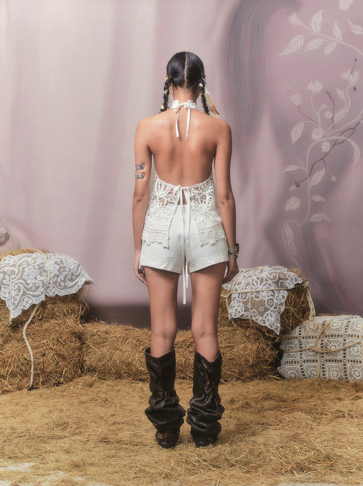 Fringe Panel Denim Shorts
