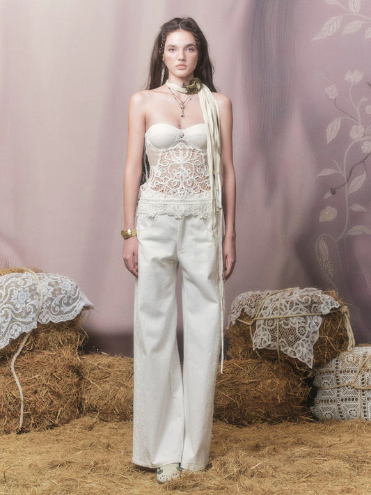 Embroidered Side-Detail Wide-Leg Pants