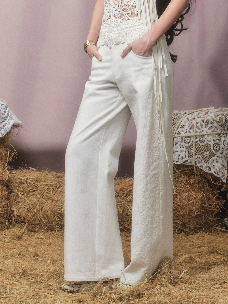 Embroidered Side-Detail Wide-Leg Pants
