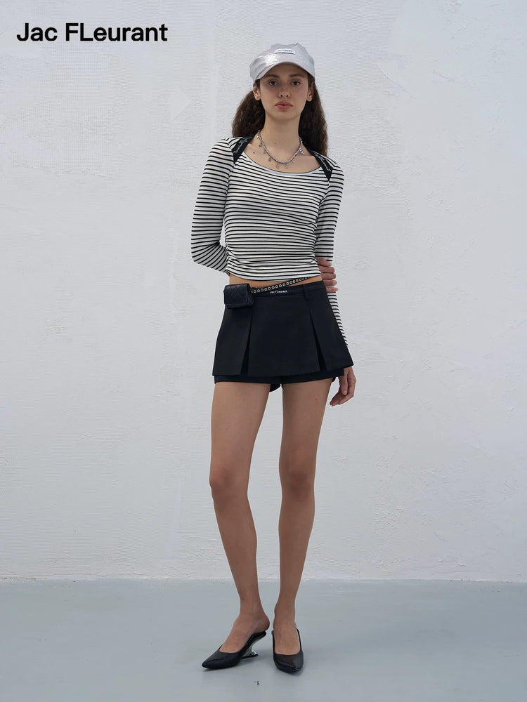Black and White Striped Rhinestone Ruched Top