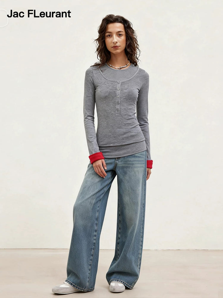 Faux Two-Piece Red Turn-Down Hem Top