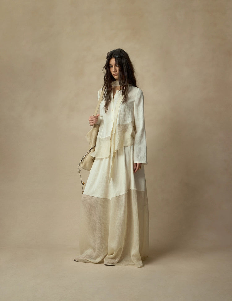 White Ribbon-Accented Paneled Shirt