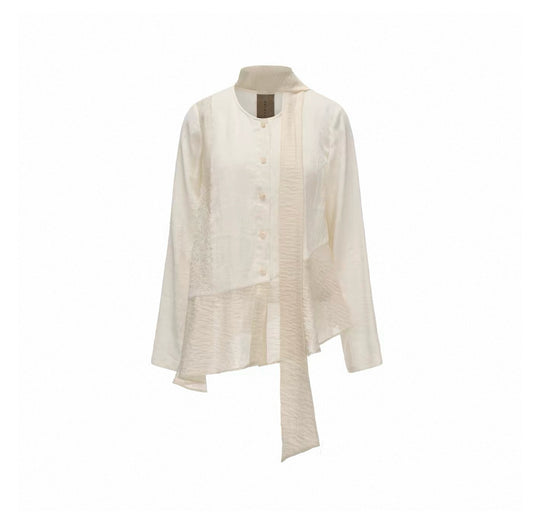 White Ribbon-Accented Paneled Shirt
