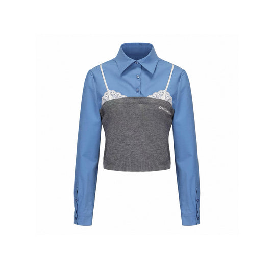 Knit and Woven Panel Lace Shirt