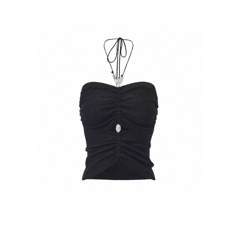 Linen Beaded Tie Halter Bandeau Top