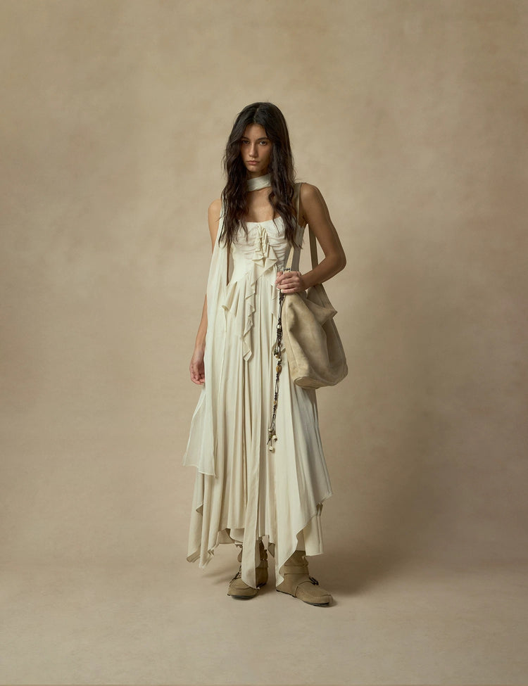 White Shirred Hemline Dress