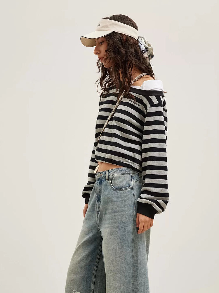 Striped Asymmetric Off-Shoulder Shirt Top
