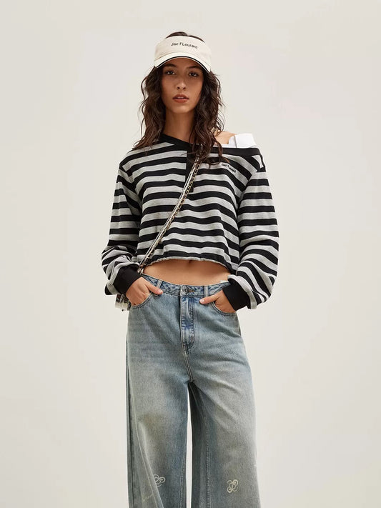 Striped Asymmetric Off-Shoulder Shirt Top