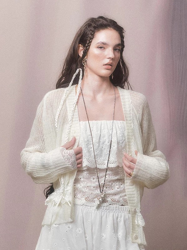Lace Waist-Detail V-Neck Knit Cardigan