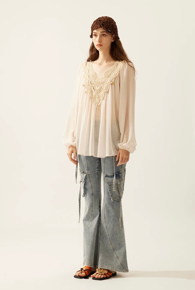 Washed Cargo Pocket Flared Jeans
