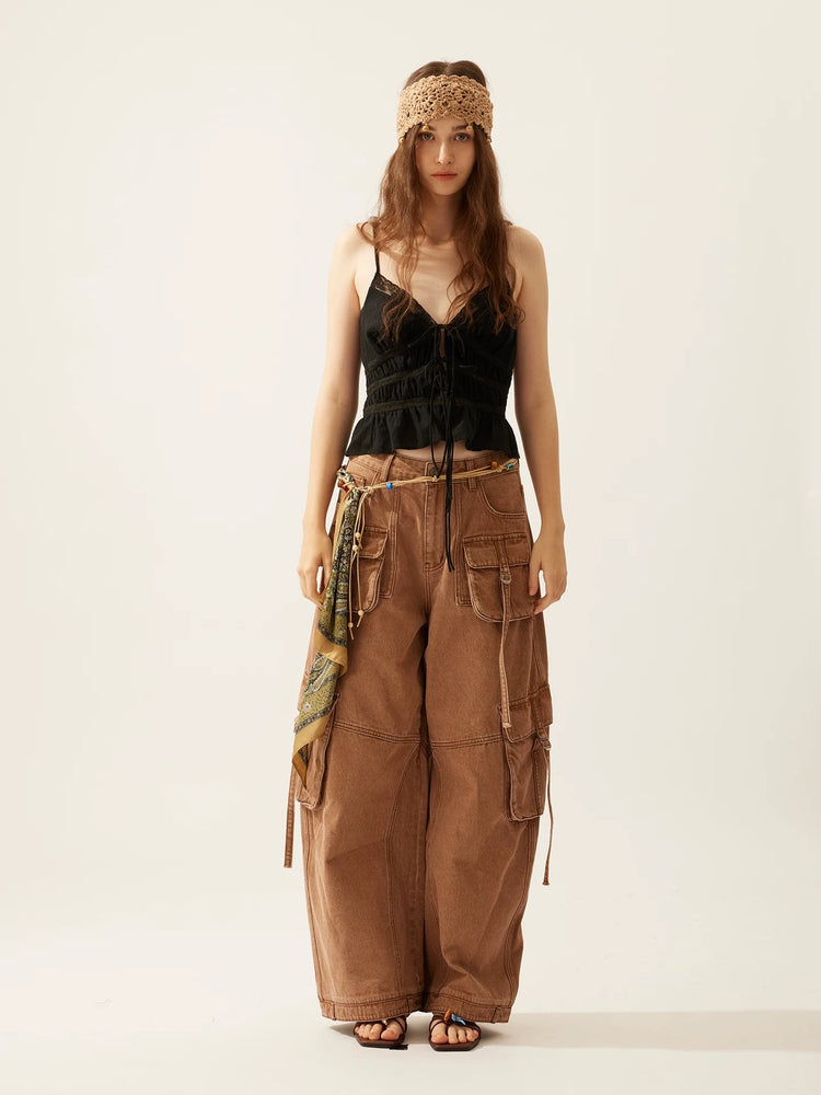 Washed Balloon Wide-Leg Cargo Jeans