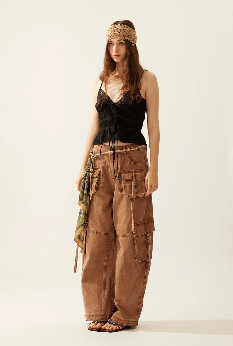 Washed Balloon Wide-Leg Cargo Jeans