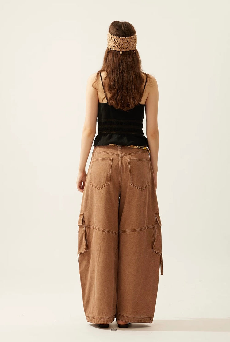 Washed Balloon Wide-Leg Cargo Jeans