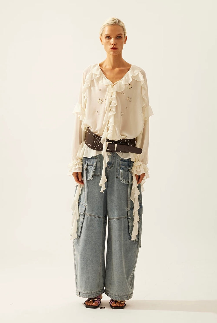 Washed Balloon Wide-Leg Cargo Jeans
