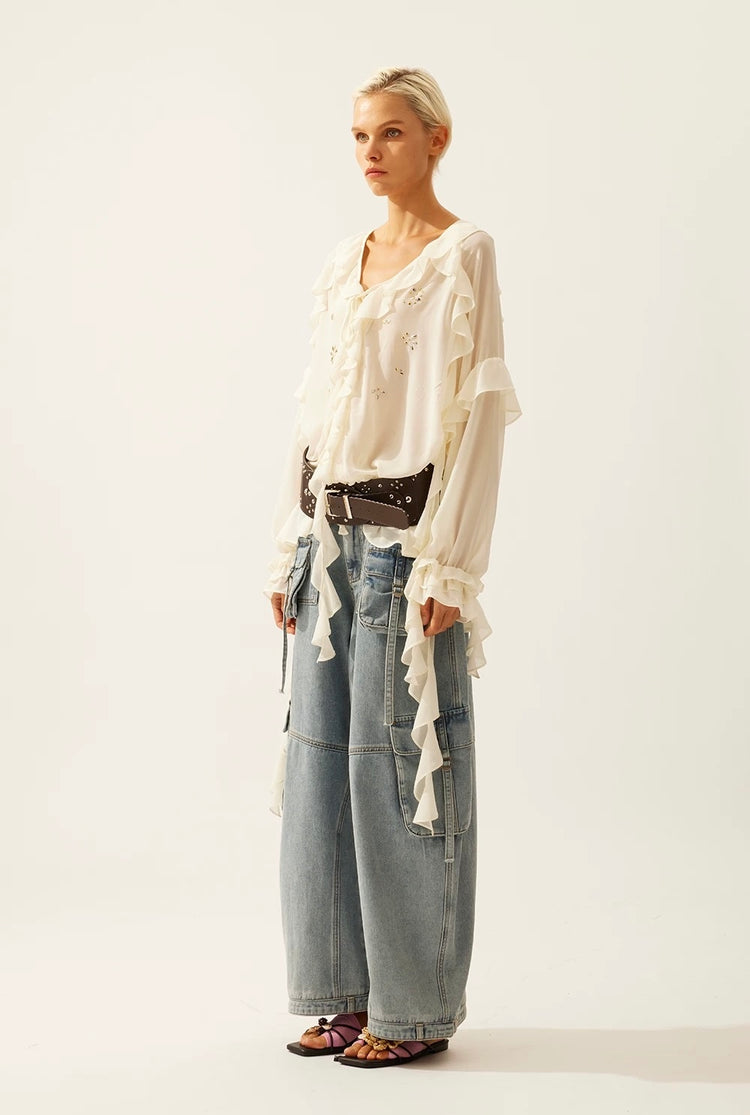 Washed Balloon Wide-Leg Cargo Jeans
