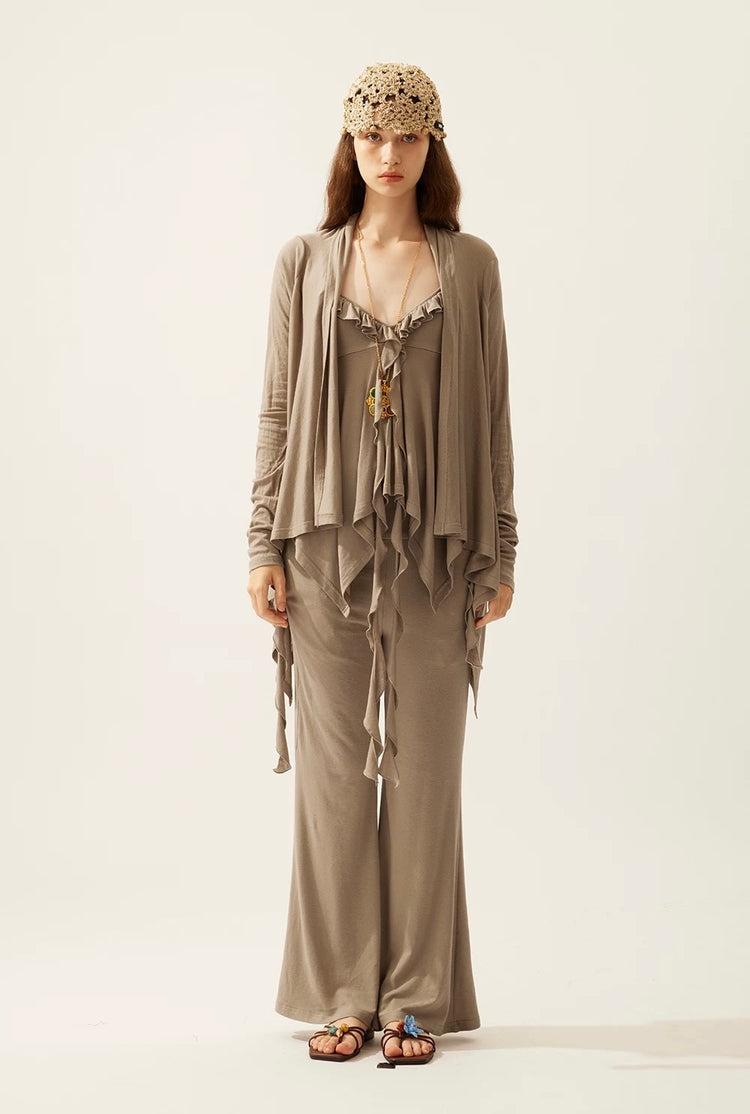 Asymmetric Ruffle Trim Cami & Cardigan Set