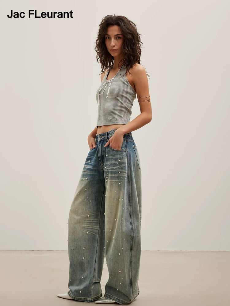 Couture Pearl Rhinestone Wide Leg Jeans