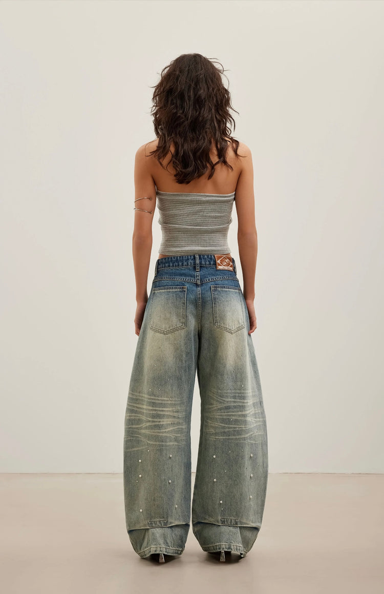 Couture Pearl Rhinestone Wide Leg Jeans