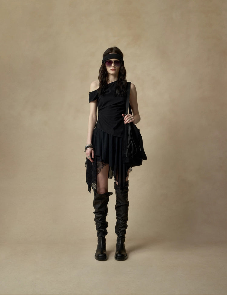 Black Asymmetrical Lace Skirt-Pants