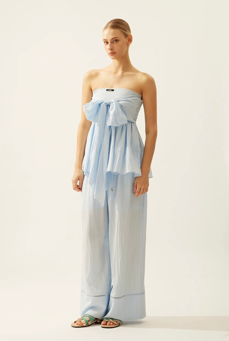 Wrinkled Tie-Detail Stretch A-Line Bandeau Top