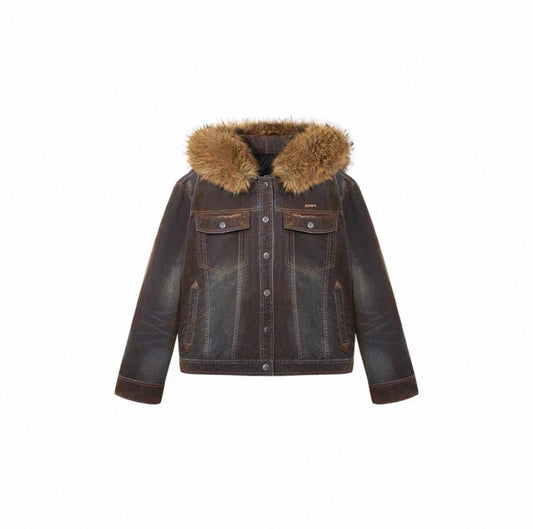 Ross - Oversized Faux Fur Collar Denim Puffer Jacket
