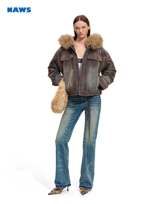 Ross - Oversized Faux Fur Collar Denim Puffer Jacket