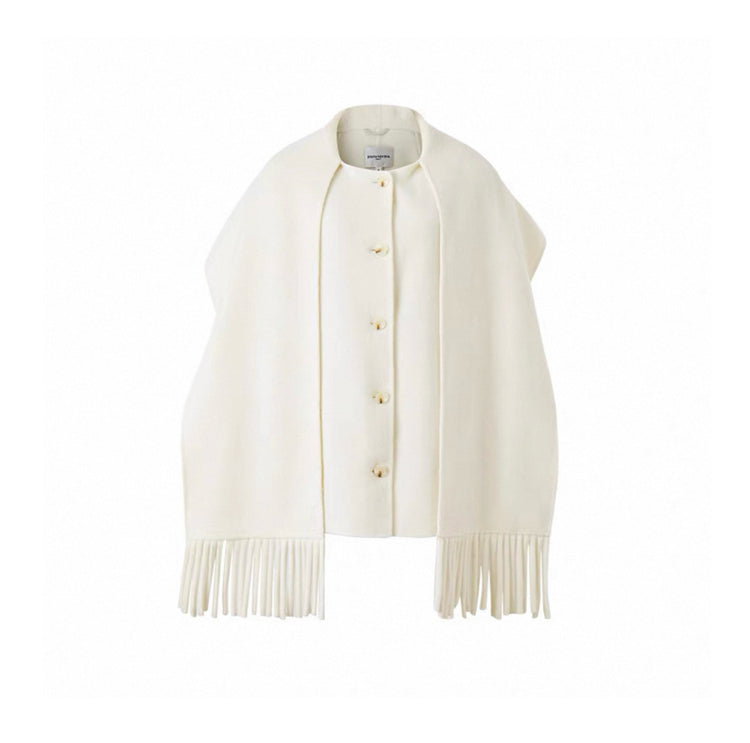 Fringed Scarf-Collar Wool Blend Coat